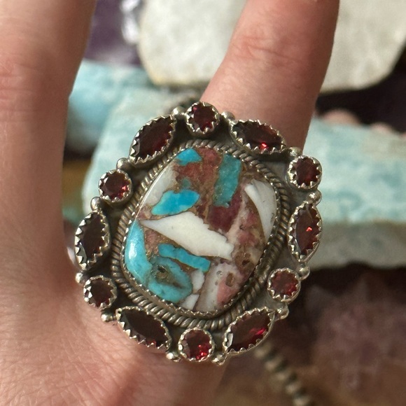 Turquoise spiny mosaic statement sterling silver adjustable ring - Picture 5 of 8